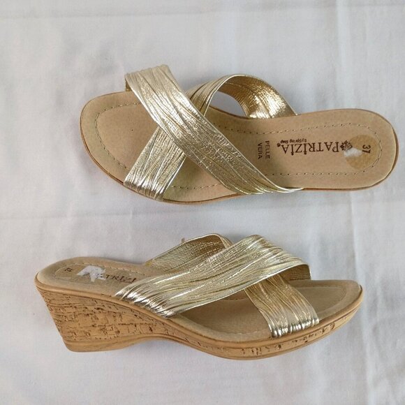 Patrizia Marge Gold Slide Sandals Wedge Heels Size 37 EU Comfy Cute - Picture 3 of 8